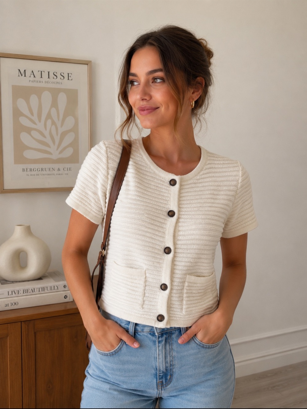 Anthropologie Joie Beige Textured Knit Button Front Sweater Top Medium capsule - Picture 2 of 6